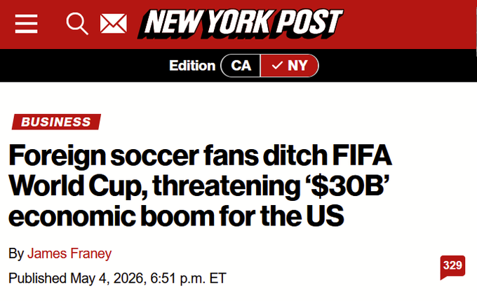 Turns out hosting the World Cup in a country where people are detained at airports for criticizing trump, people kidnapped off the streets by federal agents, where ICE agents murder people in the streets and where the Pope doesn't even want to visit, was a bad idea.