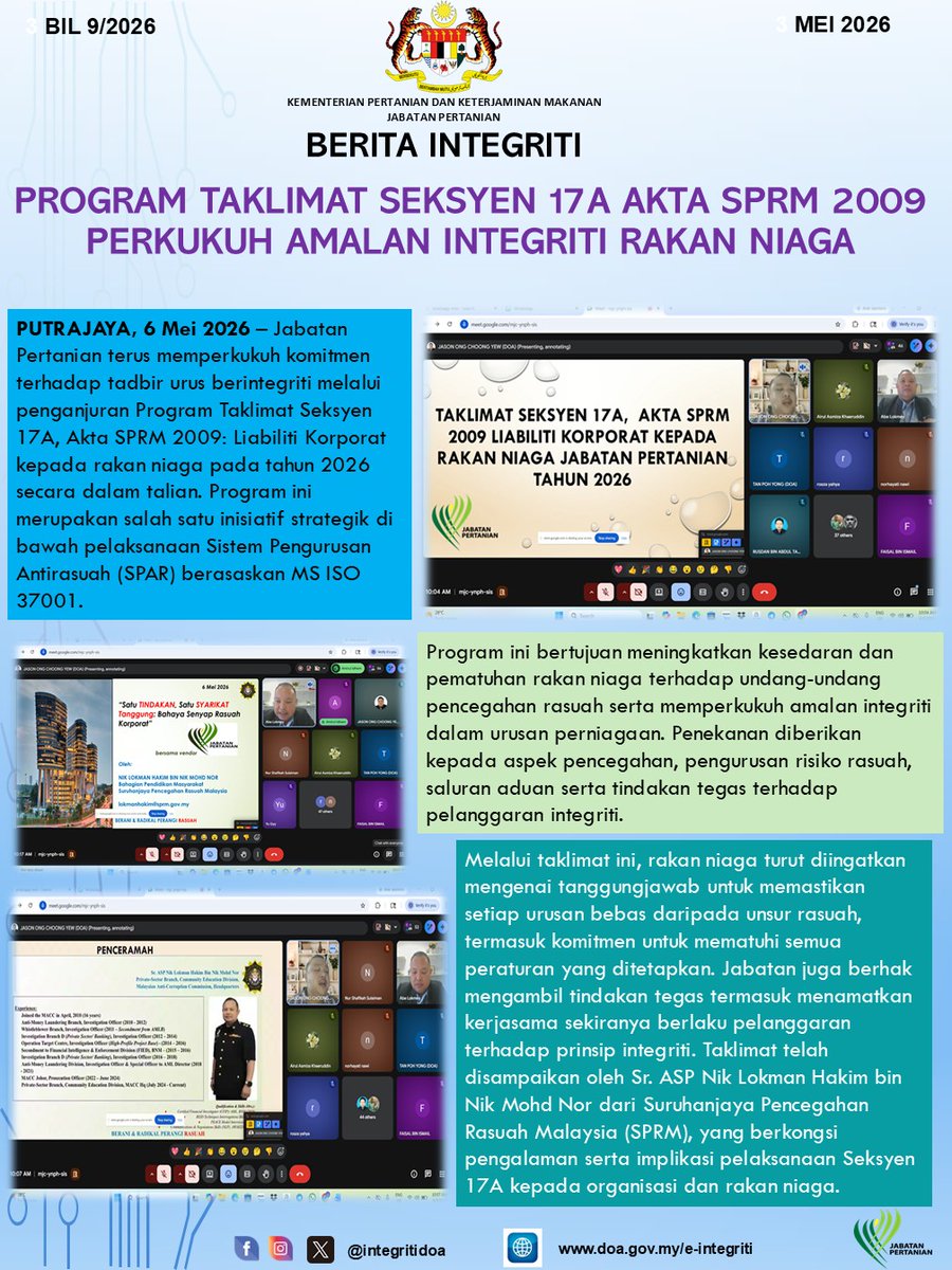 Integritidoa's tweet photo. Berita Integriti Bil 9/2026 - Program Taklimat Seksyen 17A, Akta SPRM 2009 Liabiliti Korporat Kepada Rakan Niaga Jabatan Pertanian Tahun 2026.

#myDOA
#integritiDOA
#integriticerminanperibadi
#MalaysiaMADANI
#berkhidmatuntuknegara https://t.co/5IVuaqB4Me