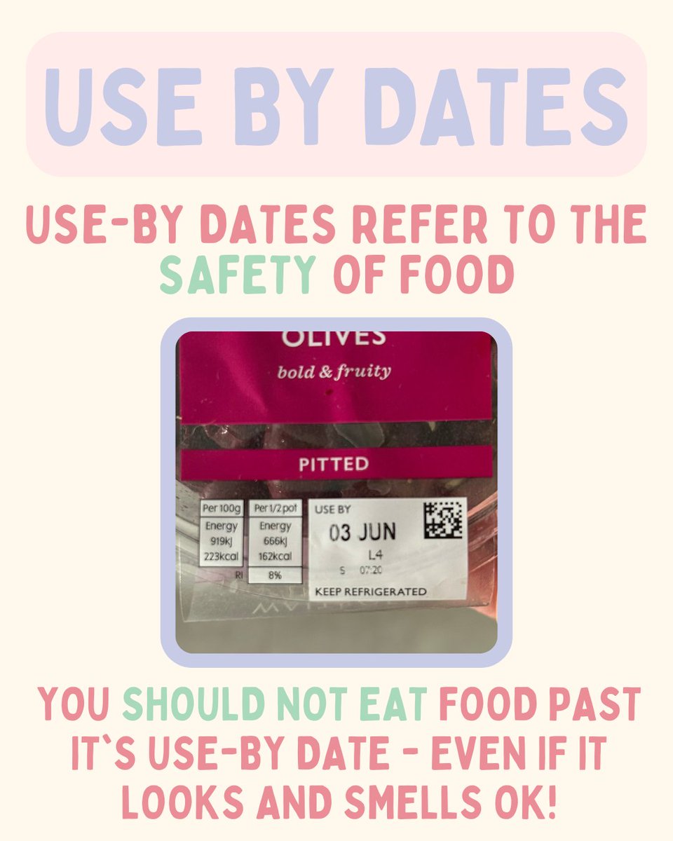 RecycleHants's tweet photo. Did you know that use by and best before dates are different things?

Use by dates refer to safety - food past this date is not safe to eat.

Best before dates refer to food quality - After this date, it might not be at its best, but it will still be safe to eat. https://t.co/O4eOHbL4ZM