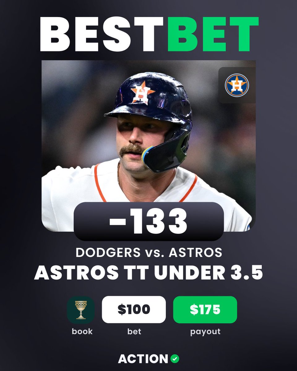 ActionNetworkHQ's tweet image. ⚾️ ASTROS vs DODGERS MLB BEST BET

📉 ASTROS TEAM TOTAL UNDER 3.5
👇 Add Directly To Your Betslip
bit.ly/HOU050626

🗣️ "McCullers still flashes quality stuff, but he’s also one of the more volatile starters in baseball. Even during good stretches, the blow-up innings are