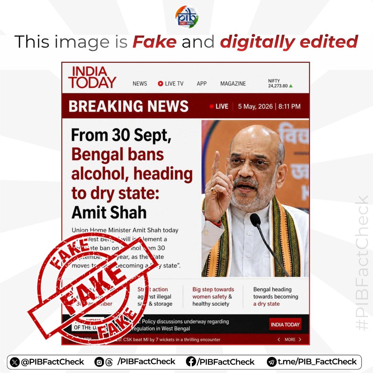 A viral image circulating on #WhatsApp claims that Union Home Minister <a href="/AmitShah/">Amit Shah</a> has said that West Bengal will become a dry state from September 30.

#PIBFactcheck

❌ The image is #Fake and digitally edited.

✅ The Union Minister has NOT issued any such statement. 

➡️If you