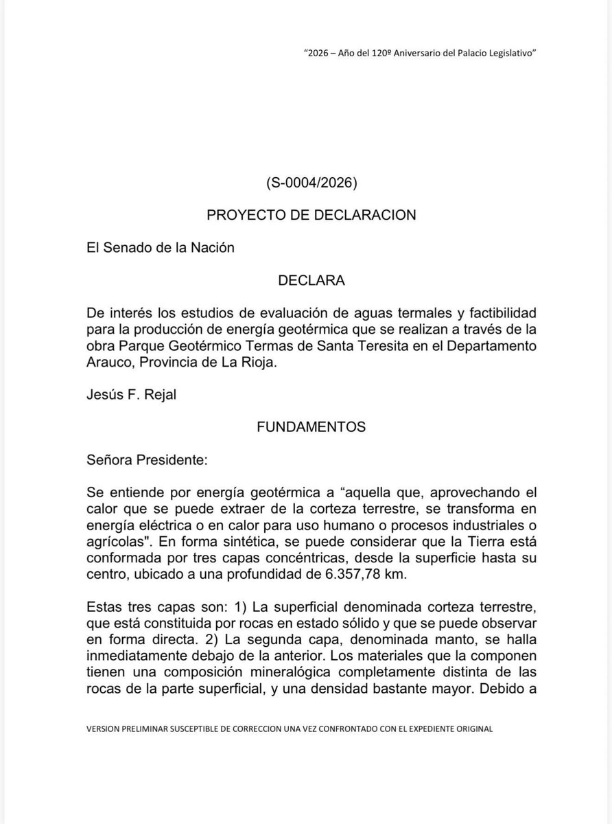 AdrianLaRioja's tweet photo. Bombazo Nacional:

Desde la Rioja al mundo.

 Mañana se anuncia en plan Quinquenal de minería

@jfrejal 

“La geotermia constituye una fuente potencial de generación de energía con menores costos y mayor previsibilidad. Por ello, a solicitud del diputado provincial por el departamento Arauco, @NAMMatucho , presentamos en el Senado de la Nación un Proyecto que Declara de Interés Nacional los estudios de evaluación destinados a determinar la entalpía del agua para la generación de energía a través del vapor, así como también su factibilidad y producción en la zona, destinada a su desarrollo.”