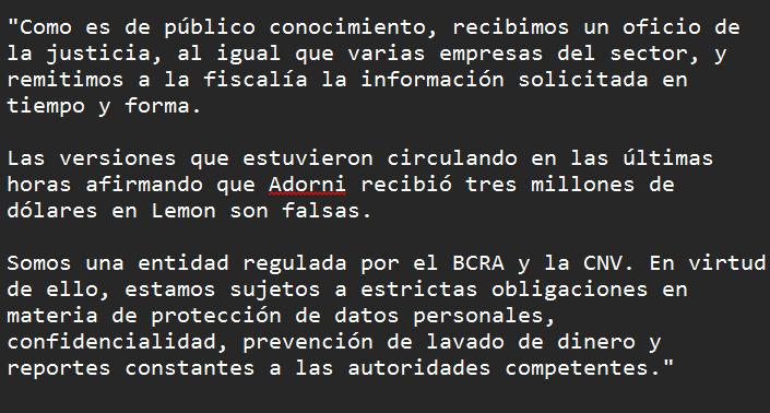 juanbrodersen's tweet photo. Desmentida de @lemoncash_app a las declaraciones de @Marcelampagano: dicen que Adorni no recibió 3 millones de dólares en la plataforma cripto 💰

Respuesta oficial de la empresa ante consultas de la prensa 👇 https://t.co/IzvBDd9r9L