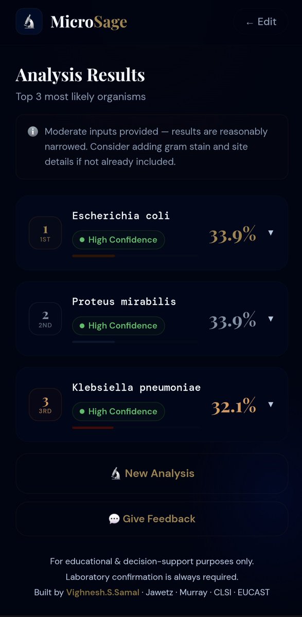 VighneshSamal's tweet photo. 🧫 Built MicroSage so students REASON like real labs, not just memorize!
Gram stain + site + symptoms → ranked differential in seconds⚡

✅ 77.5% exact match
✅ 100% in top 3
✅ Free. No login. Mobile-first

👉 https://t.co/8M2tGzIpcq

@daniel_kraft @official_aimsa @PeterHotez https://t.co/fqh973SAeB