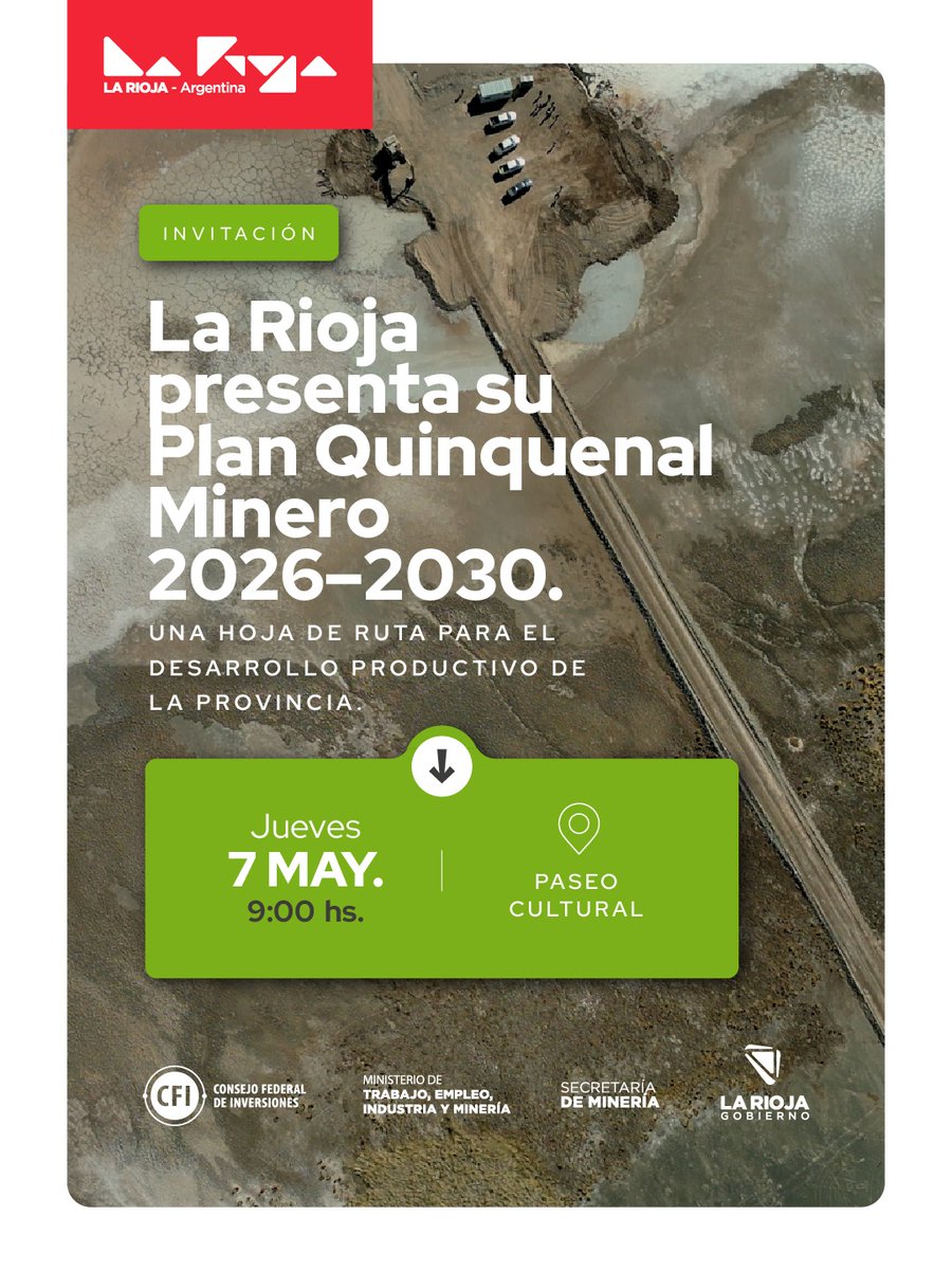 GobDeLaRioja's tweet photo. Entendemos a la minería como un motor de desarrollo económico y una fuente generadora de empleo, siempre bajo un enfoque de gestión responsable y sustentable. 📈🌱

​¡Acompañanos a conocer el plan que impulsará el crecimiento de nuestra provincia!

​🗓️ Este jueves 7 de mayo.
🕘 9:00 hs.
📍 Paseo Cultural Castro Barros.