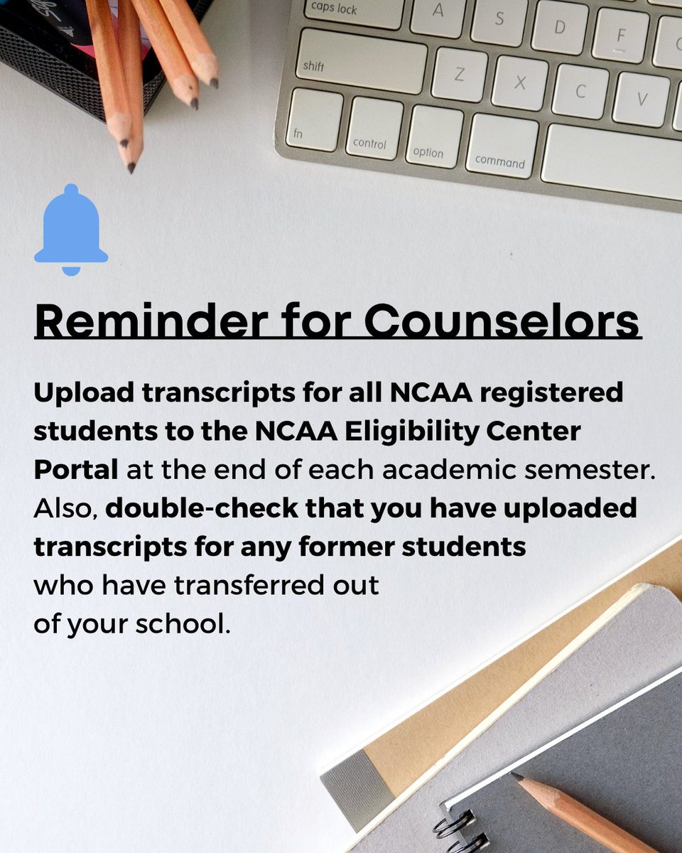 HonestGameCARES's tweet photo. 🚨 Counselor To-Do! 🚨 Before the semester ends…

📬 Upload all NCAA-registered student transcripts
🏃‍♂️ Don’t forget students who transferred out! https://t.co/MCeTe7Yw5O