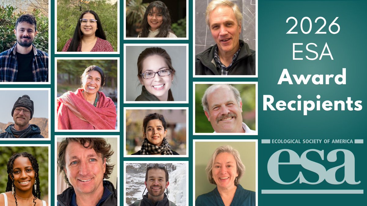 ESA_org's tweet photo. 🏆 ESA is proud to announce its 2026 award recipients, honoring outstanding contributions to ecology through research, teaching, mentorship, sustainability, and service

Learn more about the award recipients in our full announcement: https://t.co/ySesFdGWEq https://t.co/O7JLYh8Gv9