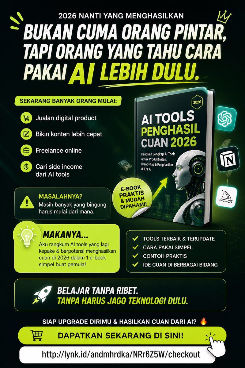 andharaa's tweet photo. 2026 itu bukan soal siapa paling pintar.
Tapi siapa yang paling cepat pakai AI duluan 🚀

Aku kumpulin tools &amp; cara pakainya di e-book ini supaya pemula juga bisa mulai. 👀
🔗 https://t.co/XNmJ8PaJIx https://t.co/Zai4iy7mN6