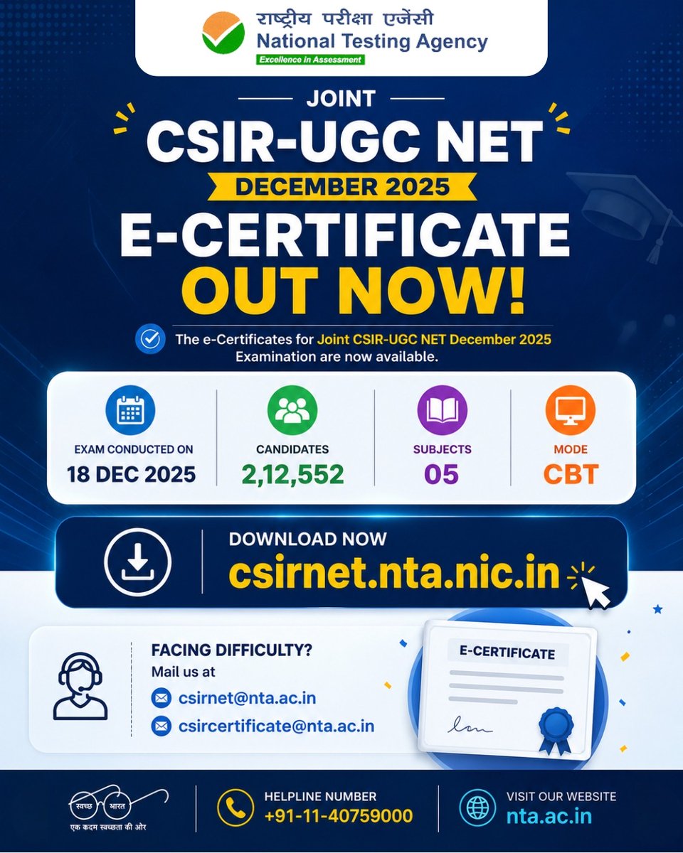 NTA_Exams's tweet photo. Joint CSIR UGC NET December 2025 e Certificates have been released.
Visit the official portal to download your certificate easily.
https://t.co/MU0mGVvWRu
#NTA #NTAUpdate #NTAExams #CSIRNET #DownloadNow https://t.co/ZtayanQlhY