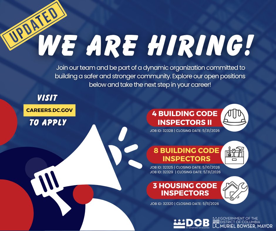 DC_DOB's tweet photo. We are building #TeamDOB even more during #BuildingSafetyMonth2026! We’ve just added three more Housing Code Inspector I positions, up by three since our last posting! See our 15 available positions at https://t.co/Jc0RsShZA1. P.S. Stay tune for more postings soon! https://t.co/U9jdmz2KSe