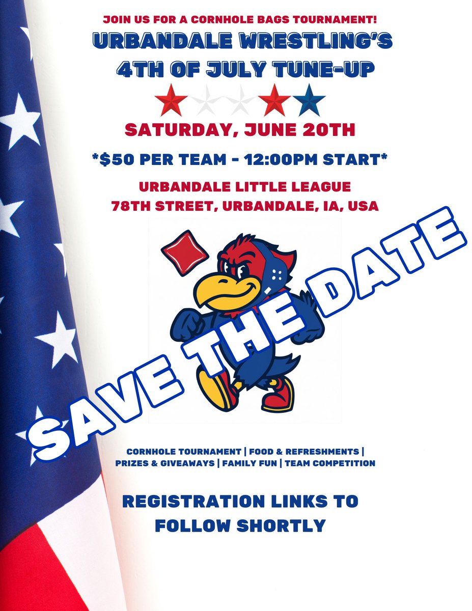 JHawkWrestlers's tweet photo. MARK YOUR CALENDARS &amp; SAVE THE DATE!!! Urbandale Wrestling's "4th of July Tune-Up" Bags Tournament will be Saturday June 20th at Urbandale Little League. Registration info will be out shortly. Open to anyone who wants to play! https://t.co/sTVcpx6jPD