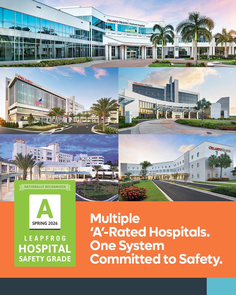 orlandohealth's tweet photo. At Orlando Health, we care for patients the way we would want to be cared for ourselves. From coast to coast, that commitment is reflected in the recognition we receive, including several ‘A’ grades from the patient-safety advocates at The Leapfrog Group. https://t.co/bhlPzW74lO