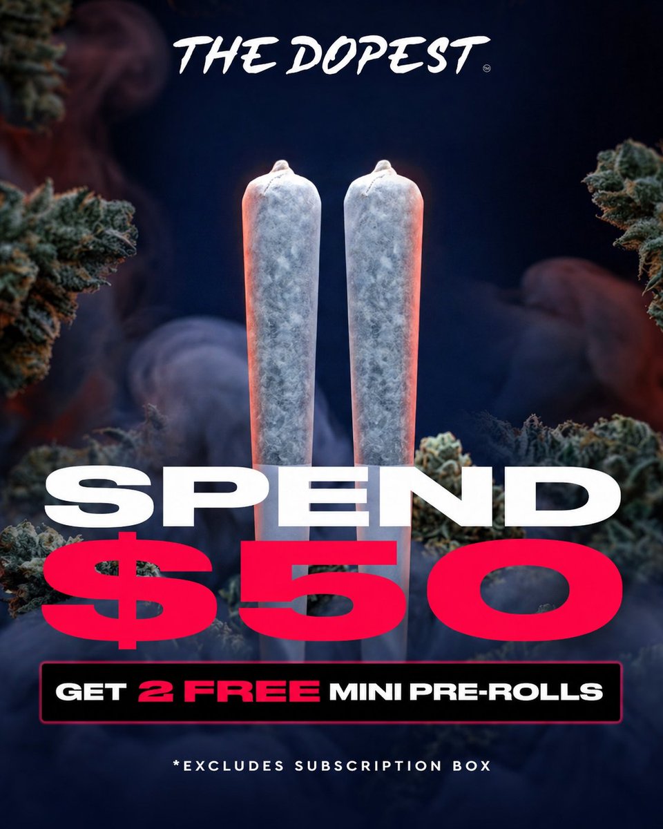 Mid week promo is live, spend $50 get (2) free mini pre-rolls with you  order. We're dropping 2 new strains and restocking vapes today also so   today