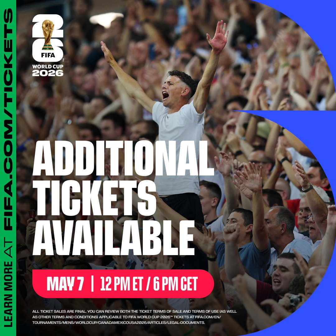 FIFAWorldCup's tweet photo. Get ready for the #FIFAWorldCup! A limited release of tickets begins May 7!  
 
🗓️ Thursday, May 7
⏰ 12PM ET/6PM CET
 
🎟️ Tickets will be available on a first-come, first-served basis while supplies last. All ticket sales are final. Terms apply.