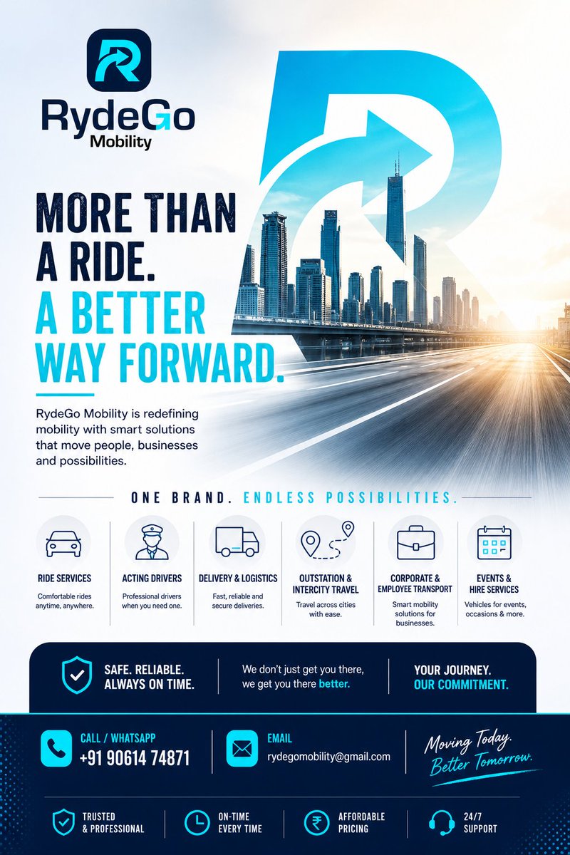 RydeGoMobility's tweet photo. More than just a ride — we move possibilities.
With RydeGo Mobility, every journey is smarter, safer, and built for the future.
#RydeGoMobility #SmartMobility #LogisticsSolutions #RideWithConfidence #FutureOfTransport https://t.co/a5VEgXTpAW