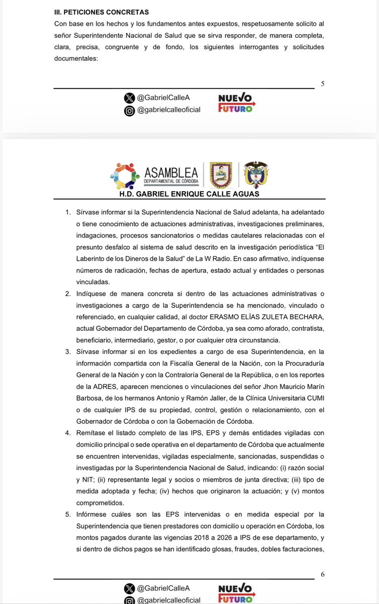GabrielCalleA's tweet photo. He radicado un derecho de petición ante la Superintendencia Nacional de Salud para exigir investigaciones y respuestas frente al presunto saqueo de 1,3 billones de pesos en el Gobierno Duque, destinados a la salud de los colombianos, donde estarían involucrados dirigentes cordobeses.

Córdoba merece conocer la verdad. La corrupción no puede seguir condenando al pueblo a hospitales en crisis, falta de medicamentos y abandono. 

@QuinteroCalle @petrogustavo @Supersalud