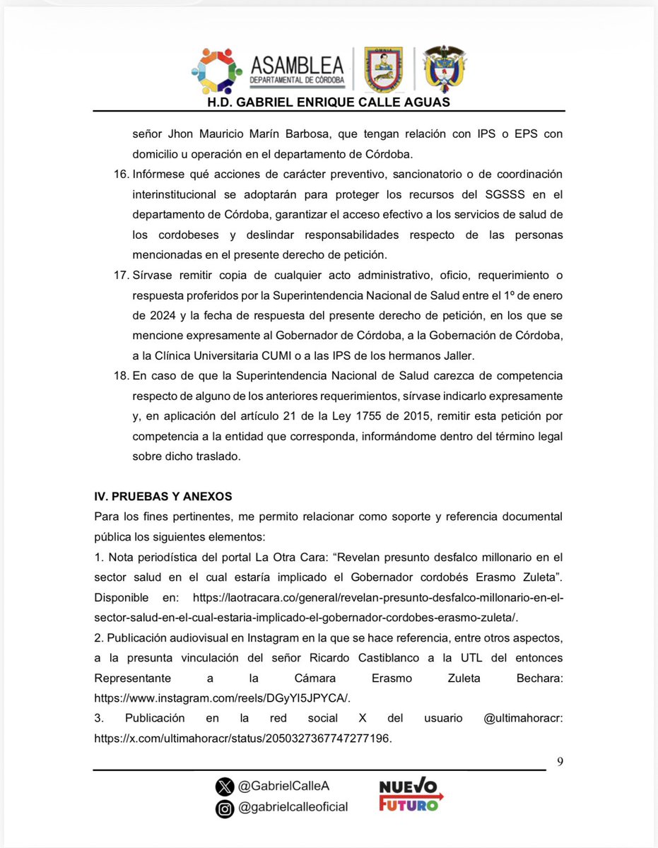 GabrielCalleA's tweet photo. He radicado un derecho de petición ante la Superintendencia Nacional de Salud para exigir investigaciones y respuestas frente al presunto saqueo de 1,3 billones de pesos en el Gobierno Duque, destinados a la salud de los colombianos, donde estarían involucrados dirigentes cordobeses.

Córdoba merece conocer la verdad. La corrupción no puede seguir condenando al pueblo a hospitales en crisis, falta de medicamentos y abandono. 

@QuinteroCalle @petrogustavo @Supersalud