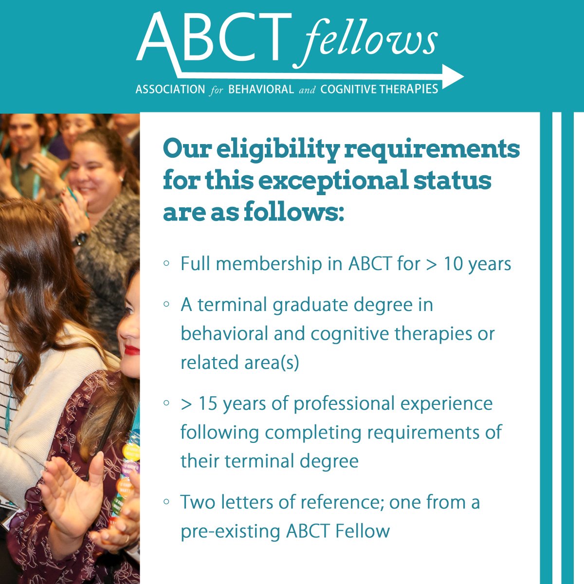 ABCTNOW's tweet photo. Do you qualify to be an ABCT Fellow? The Committee encourages qualified and diverse applicants to apply. Gather application materials and learn more through our website's Fellows page, linked in our bio. https://t.co/5TlRCEIZJm