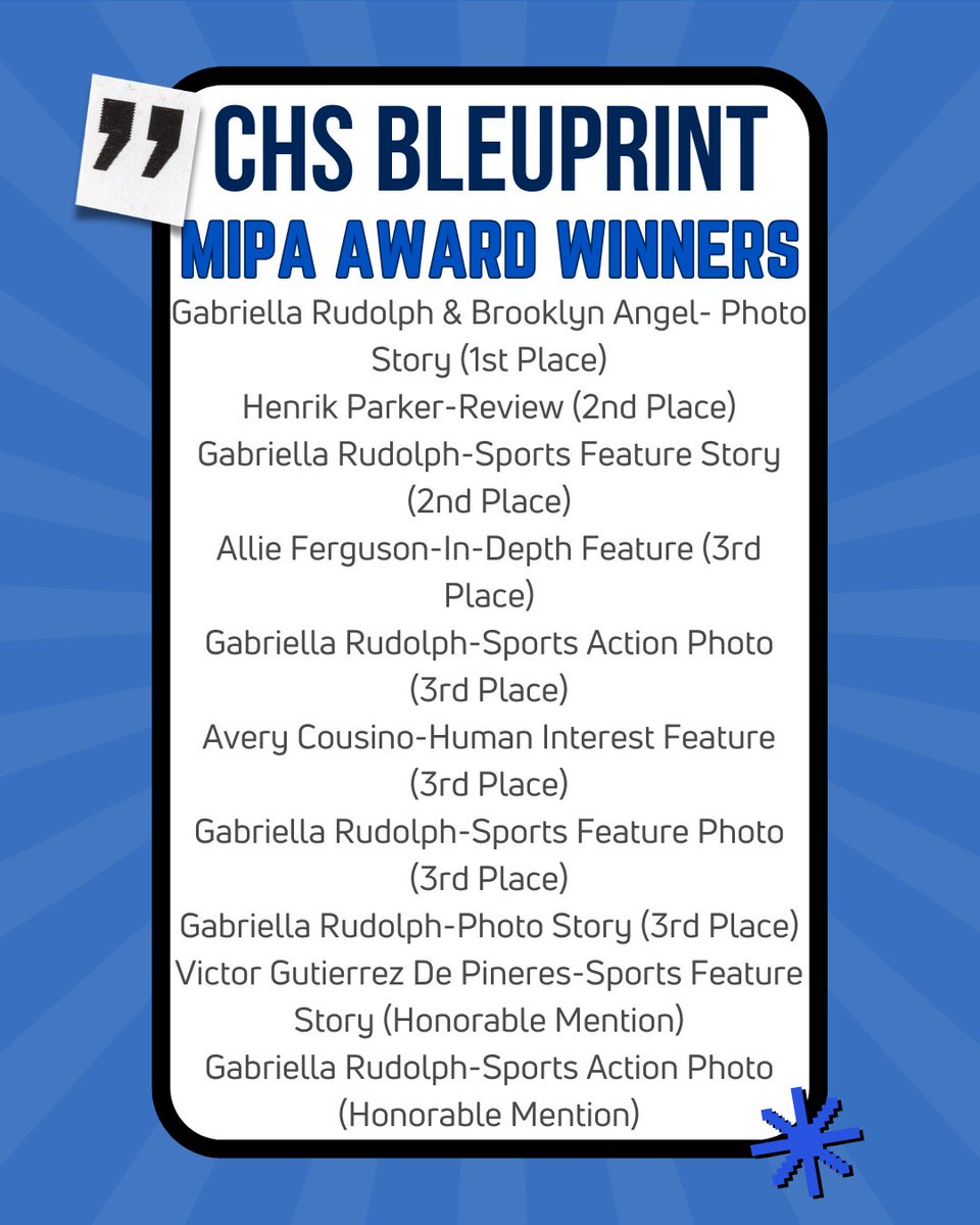 ChelseaHS_Mich's tweet photo. Congratulations to The CHS Bleuprint for winning 10 awards from the Michigan Interscholastic Press Association this year. Congratulations to the winners and the rest of the staff for reaching these high standards. https://t.co/wAMiOEtJwK