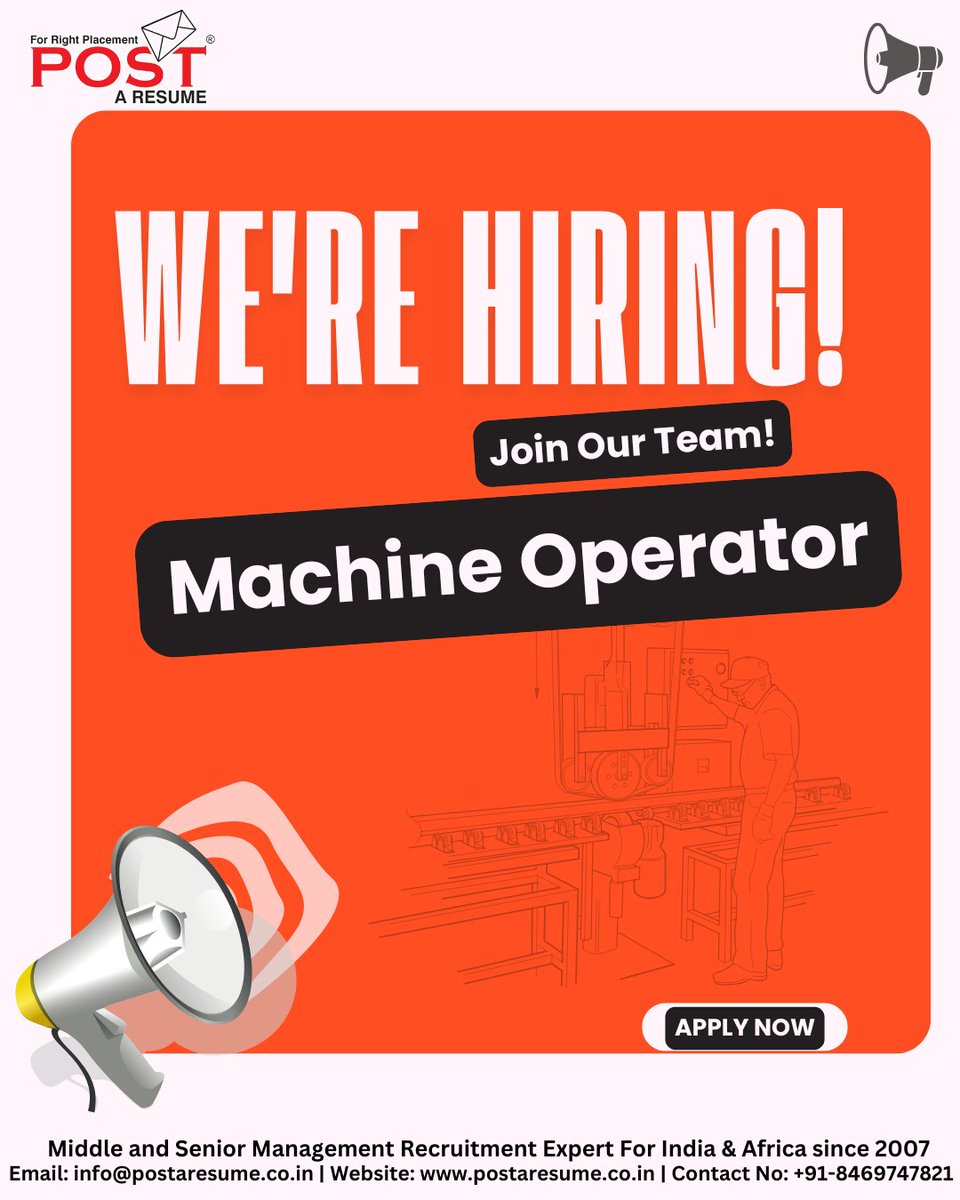 postaresume's tweet photo. 📢 We’re Hiring: Machine Operator

🔗 Apply Now:
https://t.co/4Ig3Q3ywhn

📧 Email: tanuja@postaresume.co.in
📞 Call Now: +91- 9714274730

📌 Follow POST A RESUME

#CNCOperator #CNCMachine #PressBrake #MachineOperator #MetalFabrication  #PostAResume #VipulMmali #VipulTheWonderful https://t.co/OTUGJVCv9X