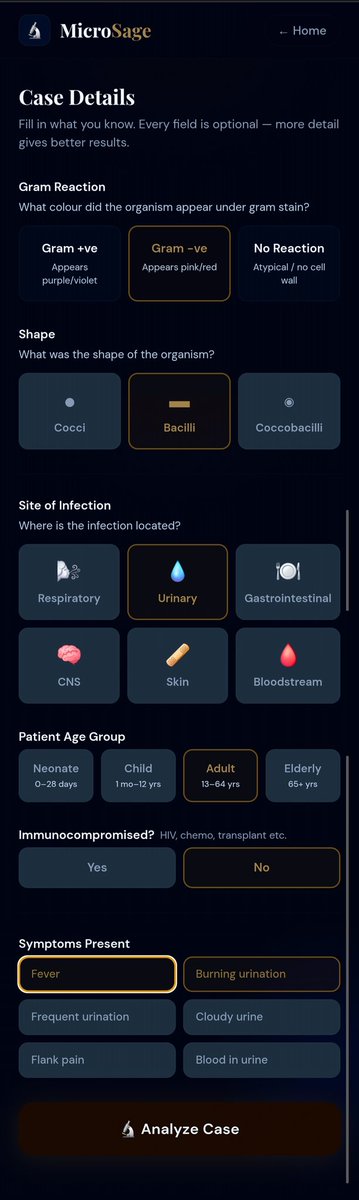 VighneshSamal's tweet photo. What if students stopped memorizing organisms &amp; started thinking like clinicians? 🤔

I built MicroSage — free, no login, mobile-first 🧫
📊 Pilot: 77.5% exact match
100% in top 3

👉 https://t.co/8M2tGzIpcq

@EricTopol @ASMicrobiology @Littlemicrobio3 @HelenBranswell https://t.co/NM2YbEQfXT