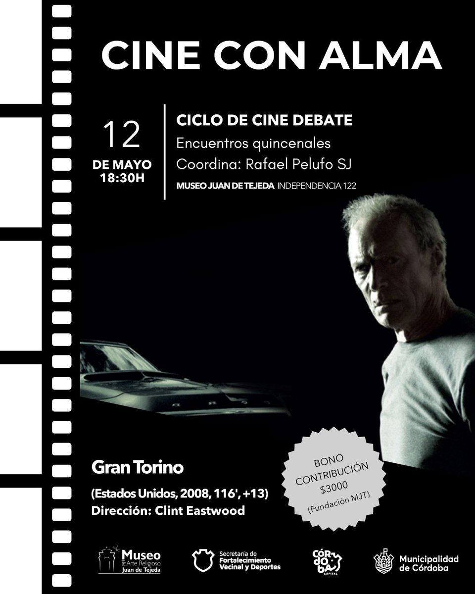 MuseoTejeda's tweet photo. Seguimos con "Cine con Alma"
🎥Bajo la curaduría y coordinación del Rafael Pelufo SJ. 
🚗Gran Torino de Clint Eastwood
💫Fecha: martes 12 de mayo.
Hora: 18.30 h.
Museo Juan de Tejeda, Independencia 122
Bono contribución $ 3000 (Fundación MJT). https://t.co/X1qiopH3Zh