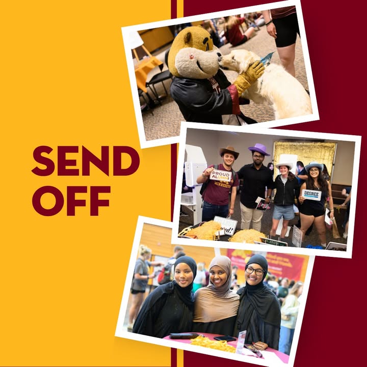 UMNAlumni's tweet photo. 🎓 It's here! 🎓 Join us for The Send Off today (Wednesday, May 6). This fun and free event has food and drinks, PAWS (Pet Away Worry & Stress), grad gifts/prizes, and more. 
When: Wednesday, May 6, 2026 | 4:30–6:30 p.m.
Where: McNamara Alumni Center
Tell us you're coming 👉 https://t.co/QNhVuh0zez

#UMNproud