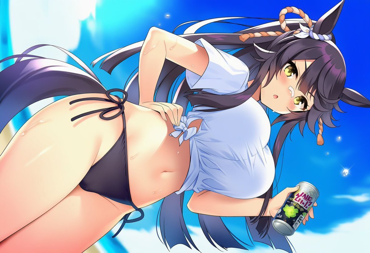 kaiwarebanana's tweet photo. |_-)<ﾔﾗﾝｶﾞ?

1girl, solo, side-tie black bikini bottom, 3::taut clothes::, white t-shirt, tented shirt, tied shirt, beach, sweat, holding can, leaning forward, looking down, one hand on own hip, navel, groin, :o, thick thighs, backlighting, cowboy shot, from below

|彡ｻｯ https://t.co/Z2lW6lAJJo