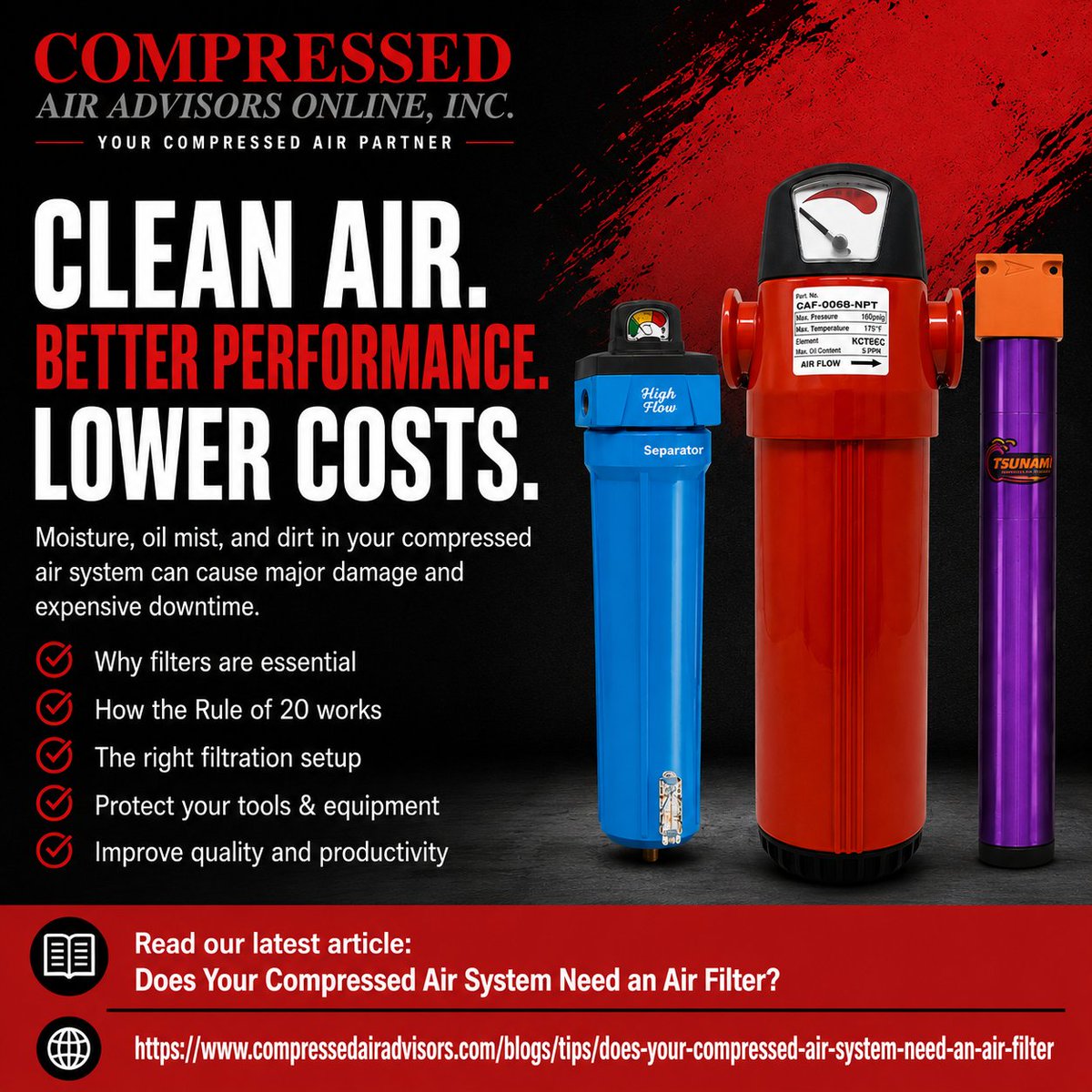 CompAirAdvisors's tweet photo. Dirty compressed air destroys tools, causes corrosion, ruins finishes, and creates downtime. 💨⚠️

Most systems don’t need a new compressor… they need better filtration.

Learn:
✔ Why moisture forms
✔ The Rule of 20
✔ How filters protect your system
✔ Best air filtration practices
Read more👇
https://t.co/3cvQPIt9dg
#CompressedAir #AirCompressor #IndustrialMaintenance #Manufacturing