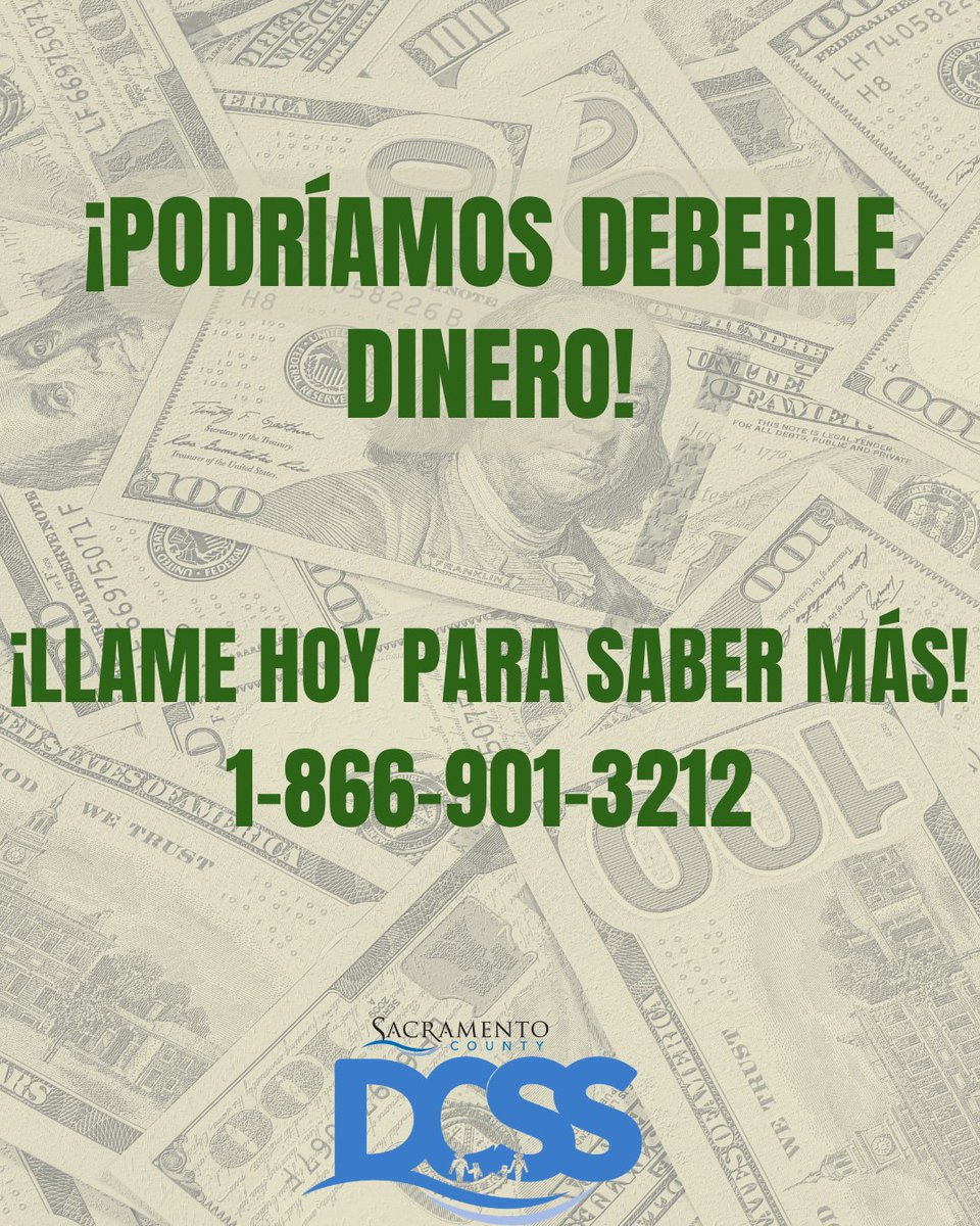 SacDCSS's tweet photo. ¡PODRÍAMOS DEBERLE DINERO!
¡LLAME HOY PARA SABER MÁS!
☎️: (866) 901-3212
💻: https://t.co/rmviJ6gFgj https://t.co/OhezYwywqE