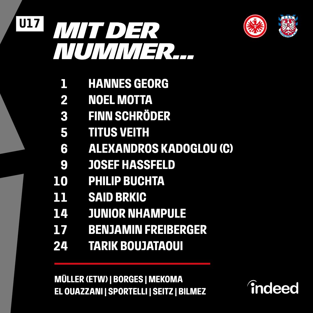 eintracht_lz's tweet photo. Gude vom Riederwald 🏟️

Mit dieser Elf bestreitet die U17 gleich ihr Hessenpokal-Viertelfinale gegen den FSV Frankfurt ✊

#SGE #SGEU17 | #SGEFSV https://t.co/hpc3X26R9l