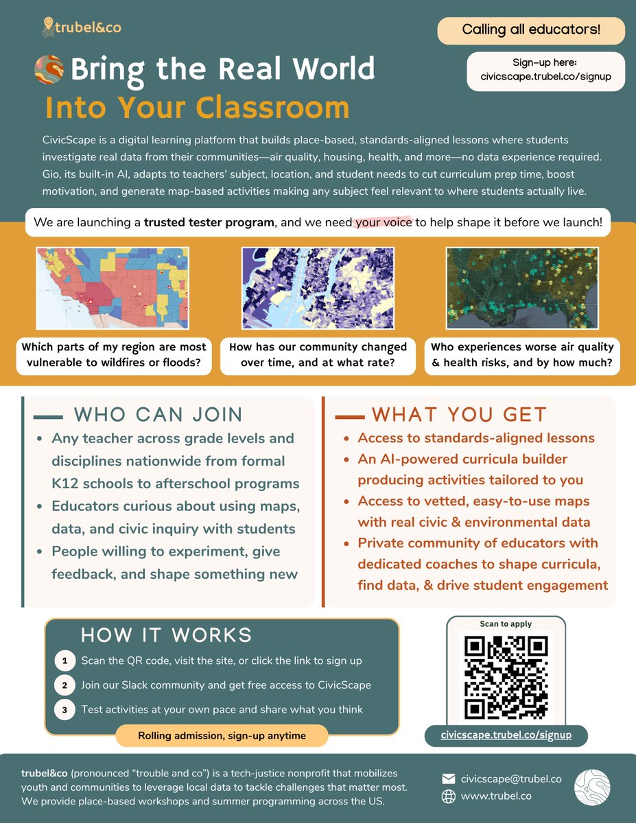 dsforeveryone's tweet photo. What if students could explore their own communities through real data? CivicScape from trubel&amp;co will help teachers bring place-based datasets like air quality, housing, and health into any classroom, no data background needed.

Apply to be a tester:
https://t.co/9dE89X6m9N https://t.co/KZAQ5VWDnx