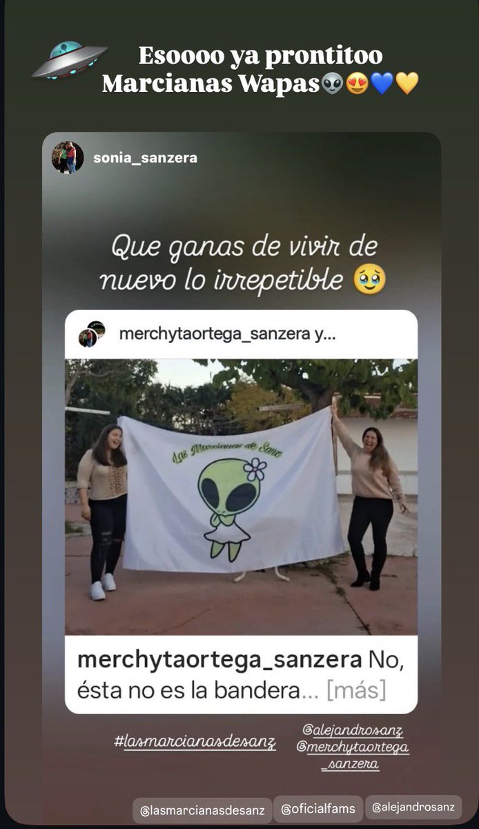 Esooooo ya Prontitooo🥰 Marcianas Wapas👽😍 nos vamos a celébrarlo🍷 de Gira en nuestra amada Tierra 🇪🇸maestro🤩 <a href="/AlejandroSanz/">Alejandro Sanz</a> 👏🏻💫💙💛

 instagram.com/stories/raquel…