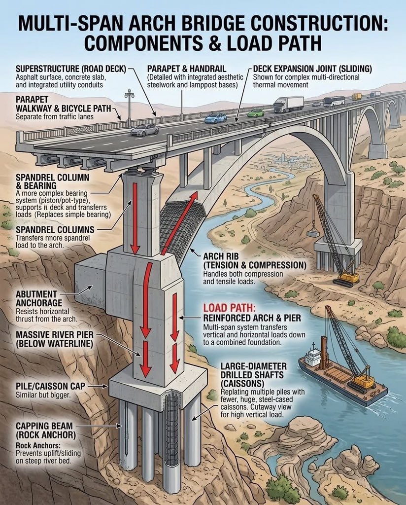 MahmudIbra33388's tweet photo. MULTI-SPAN ARCH BRIDGE CONSTRUCTION; COMPONENTS & LOAD PATH❕️
#CivilEngineering #Infrastructure #StructuralEngineering #ConstructionTechnology #RoadwayDesign #EngineeringExplained #USInfrastructure #AmericanEngineering #BridgeDesign #BoxCulvert #ASCE #PEExam https://t.co/8oTNtEdUDd