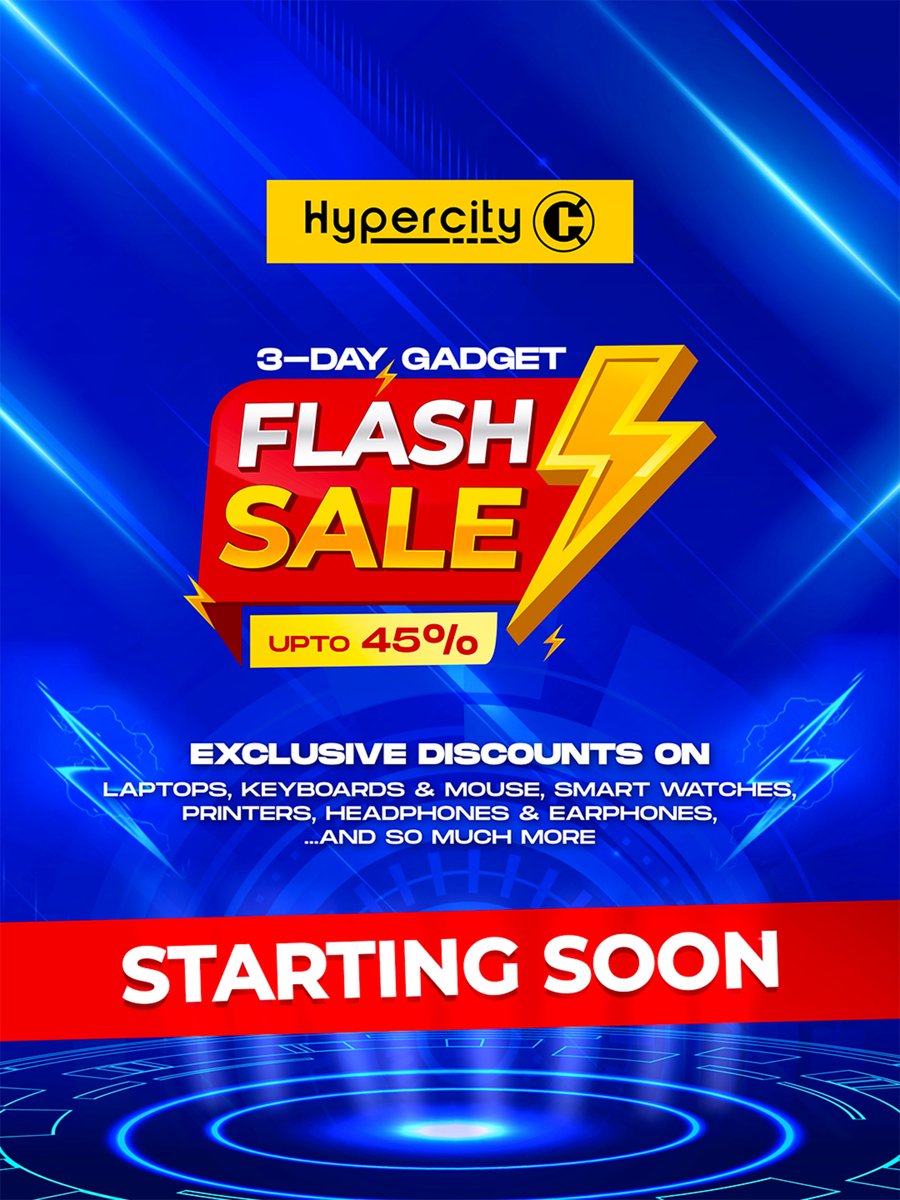 ⚡ Up to 45% OFF Gadgets

Laptops. Headphones. Smart Watches. Storage.
And so much more.
⏳ 3-Day Flash Sale — Starting soon.

#HyperCITY #FlashSale #TechDeals