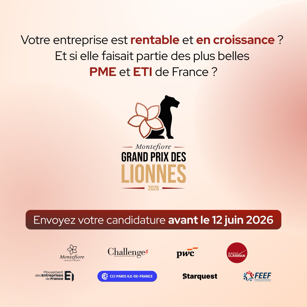 Medef_IDF's tweet photo. #GPDL2026📢Le #MEDEF #ÎledeFrance est partenaire du #GrandPrixDesLionnes, qui récompense les #PME et #ETI françaises en #croissance.

📅#Entreprises, candidatez jusqu’au 12 juin : https://t.co/z5K9GKewLM 

Organisé par #MontefioreInvestment

En savoir +👉https://t.co/6VVhDVpCb6 https://t.co/3uqIidGn6r