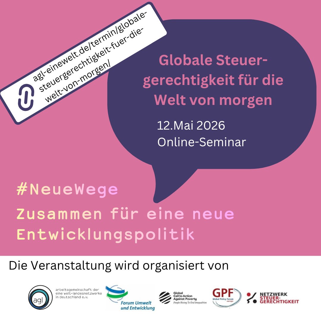 whiteband's tweet photo. 🌍 Global Tax Justice for the World of Tomorrow

Join civil society voices shaping the path towards economic justice and fair taxation.

📅 12 May 2026
🕒 Webinar
🗣️ Language: German (no English interpretation available)

Be part of the conversation co-organised by GCAP Germany, GCAP Global and partners on building stronger public systems and a just, inclusive development future for all.

🔗 Register here:
https://t.co/RGPl9fY7RX

#TaxJustice #EconomicJustice #GlobalJustice #CivilSociety