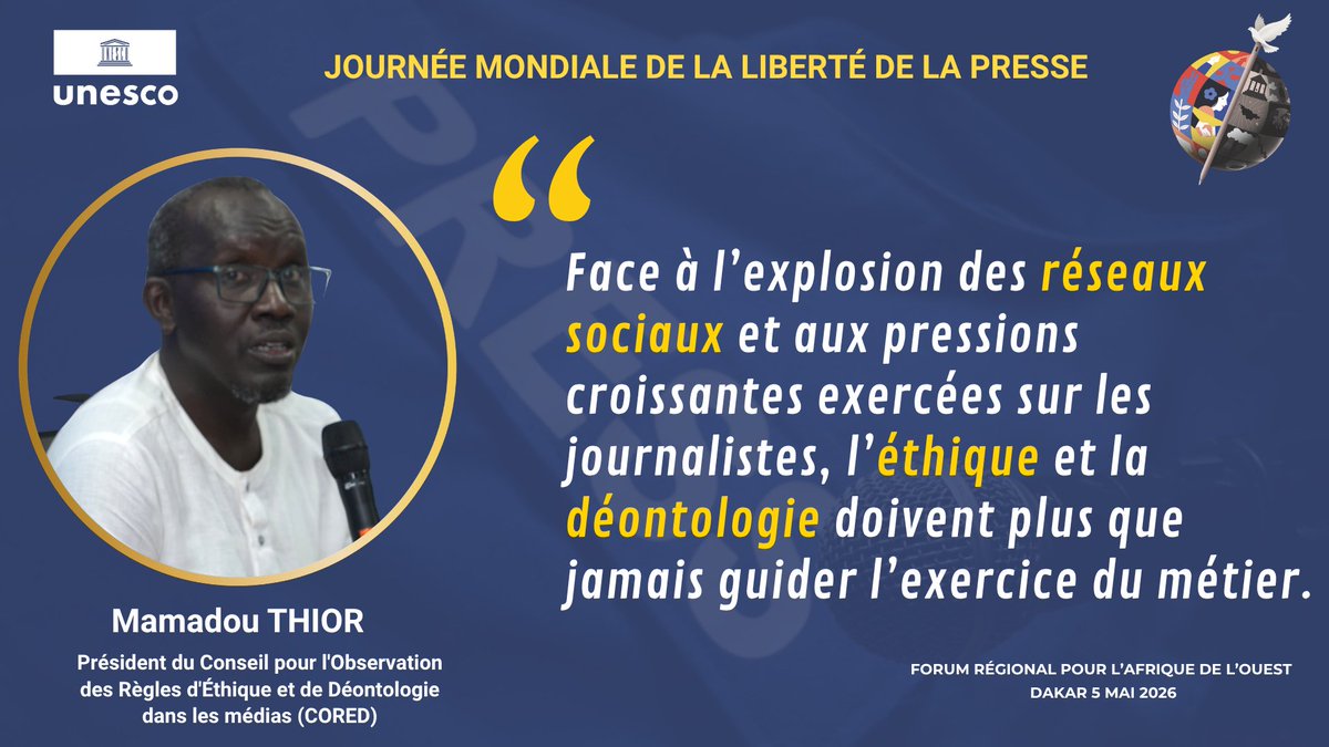 UNESCO_Dakar's tweet photo. "Face à l’explosion des réseaux sociaux et aux pressions croissantes exercées sur les #journalistes, l’#éthique et la #déontologie doivent plus que jamais guider l’exercice du métier." — Mamadou THIOR, Président du CORED 🇸🇳

#WorldPressFreedomDay https://t.co/KEqUCqNLtx