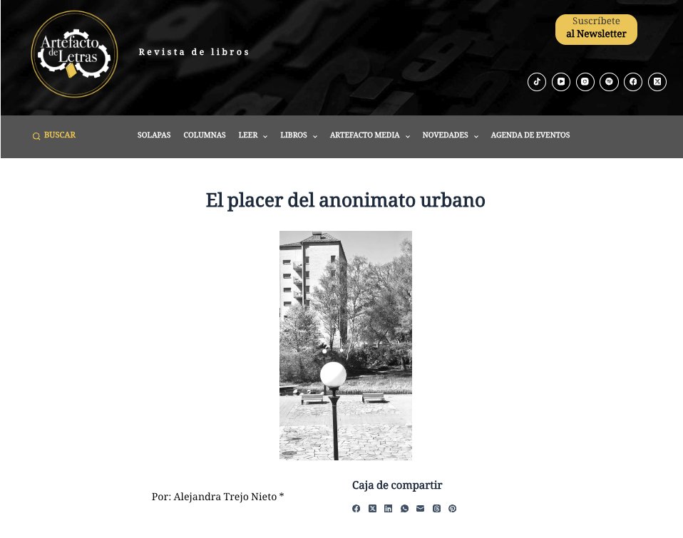 AlejandraTrejoN's tweet photo. ✍️Les comparto mi columna de este mes en Artefacto de ciudades En la ciudad, estos placeres permiten suspender la lógica de la productividad que organiza casi todo lo demás. Son placeres clandestinos, y casi físicos. Estar presente, pero ser irrelevante. 
https://t.co/fYZZjIGFR3 https://t.co/62qgfh0j9r