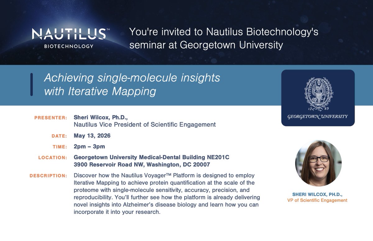 NautilusBio's tweet photo. Nautilus VP of Scientific Engagement, Sheri Wilcox Ph.D., will be presenting at Georgetown University on Wednesday May 13th. If you're in town, drop by to discover how you can achieve single-molecule insights with Iterative Mapping on the Nautilus Voyager™ Platform.

And to find all of our upcoming events, be sure to visit our events page:

https://t.co/kY7ZgVwSnY