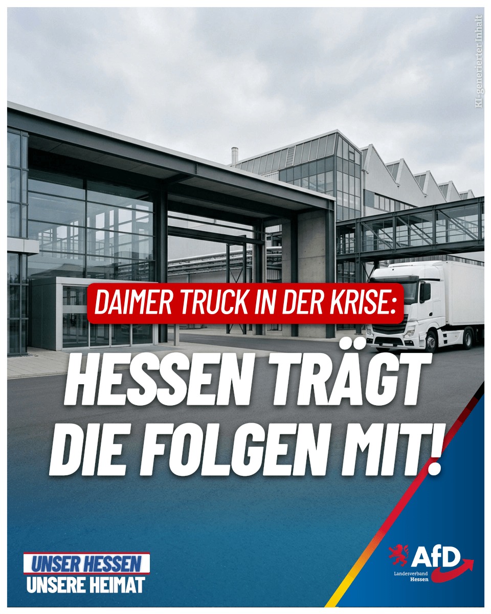 AfD_Hessen's tweet photo. 🚨80 Prozent Gewinneinbruch bei Daimler Truck! Ein Alarmsignal für unsere gesamte Industrie mit ernsten Konsequenzen. Denn wenn ein Weltmarktführer strauchelt, wackeln tausende Arbeitsplätze.  5000 Stellen sollen weltweit gestrichen werden. Auch Hessen zahlt den Preis mit dem Standort Kassel. Die deutsche Industrie erhält erneut die Quittung für falsche Prioritäten und eine katastrophale Politik! Statt den Standort durch niedrige Steuern und Energiepreise zu stärken, sieht man bei der Bundesregierung tatenlos zu. Wir brauchen endlich eine Wirtschaftspolitik, die den Standort Deutschland schützt und Arbeitnehmer sowie Betriebe entlastet, statt sie weiter zu ersticken. Das gibt es nur mit der #AfD!