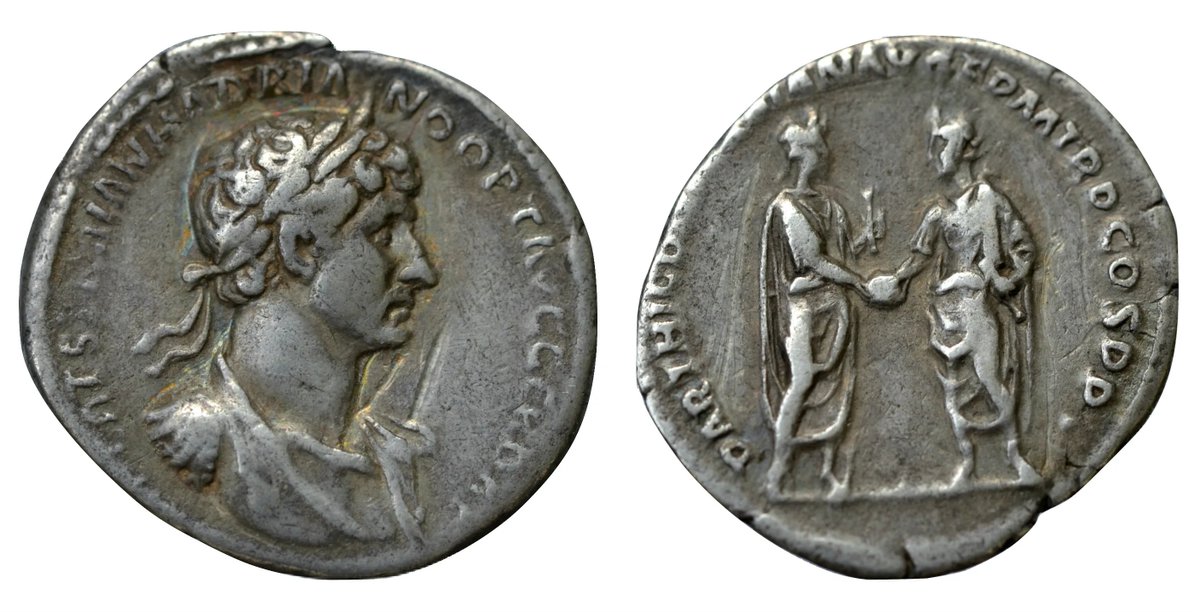 carolemadge's tweet photo. #CoinWednesday - This coin is one of the most important early issues of Hadrian’s reign. It commemorates his adoption by Trajan, a crucial political act that secured his succession. The shared globe visually conveys the orderly transfer of power and the continuity of imperial rule. By emphasising Trajan’s divine status and Hadrian as his son (filius), the coin serves as clear propaganda to legitimise Hadrian’s authority across the empire.
The obverse shows a laureate and cuirassed bust of Hadrian facing right, accompanied by a Latin legend that emphasises continuity with his predecessor, Trajan, whose titles (“OPT,” “GER,” “DAC”) are still prominently included.
The reverse depicts a symbolic scene of succession: Trajan stands on the right facing left, while Hadrian stands opposite him. Together, they hold a globe, representing dominion over the Roman world. Trajan, already deified (Divi Traian), is shown passing authority to Hadrian, reinforcing the legitimacy of Hadrian’s rule.
RIC II, Part 3 (2nd ed.) Hadrian 5
https://t.co/CHosNyMpo8
Coin from my collection.