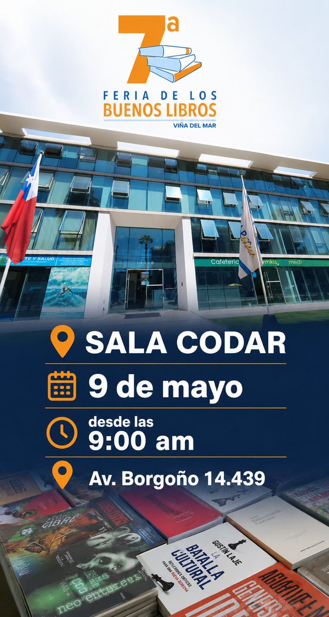 F_Republicano's tweet photo. 🔴 Ya queda poquito 🤭 No te pierdas la Séptima Feria de los Feria de los Buenos Libros por #ForoRepublicano 📚
¿Cuándo? Este sábado 9 de mayo desde las 9 AM, en la Sala Codar, Reñaca 🌊
Habrá tres presentaciones de libros con sus autores y editoriales invitadas 🙂
¡Te esperamos! https://t.co/uVLED491Z0