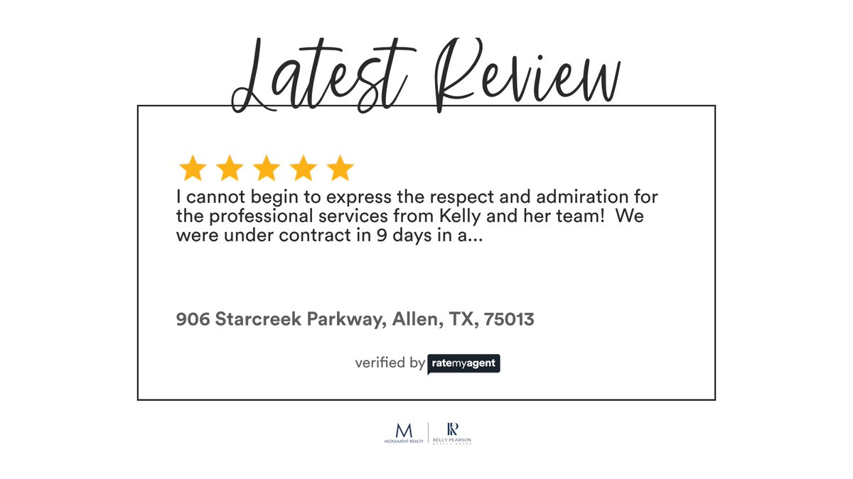 KellyJPearsonTX's tweet photo. My latest RateMyAgent review in Allen.
Texas 0609012
https://t.co/2vc2HAiTOV

...
#ratemyagent #realestate #Monument_Realty https://t.co/IyS8wYext9