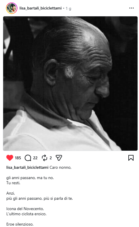 LegnanoVNG's tweet photo. Paraules d'amor de na Lisa Bartali cap a son avi en l'aniversari de la mort del Ginettaccio, del seu perfil d'Instagram:
#ginobartali https://t.co/tFZWqRoZ7L