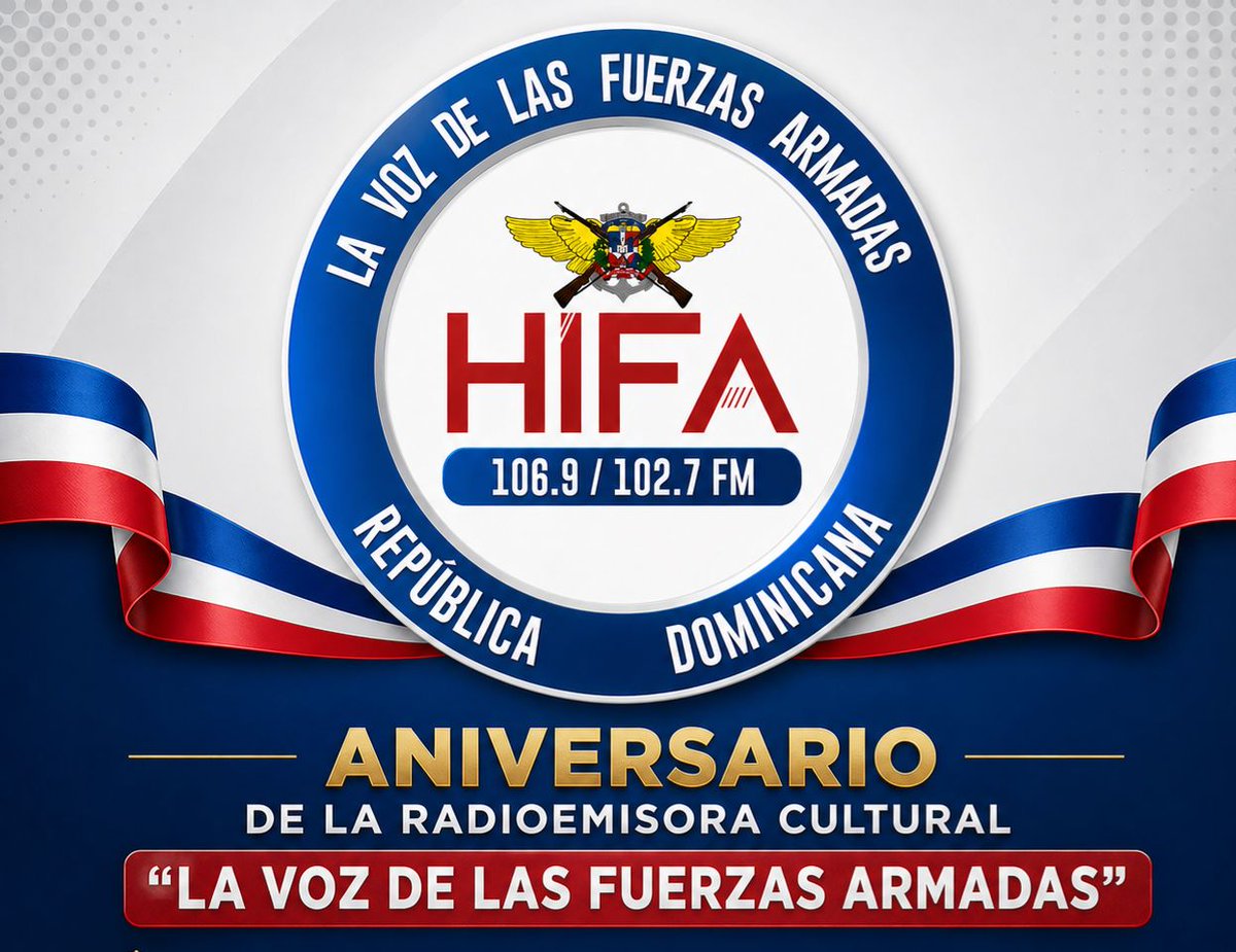 CESFRONTRD's tweet photo. 🇩🇴 6 DE MAYO | ANIVERSARIO

El Ministerio de Defensa conmemora el aniversario de la radioemisora cultural
“La Voz de las Fuerzas Armadas” (HIFA 106.9 / 102.7 FM).

📻 Informamos, educamos y servimos a la patria.

#MinisterioDeDefensa #HIFA #Aniversario #FuerzasArmadas https://t.co/ovBiBMejhJ