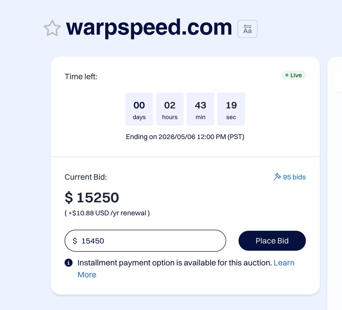 domaining's tweet photo. 2+ hours left on this auction. What price do you think it ends at? https://t.co/xQnhIqZ9qy