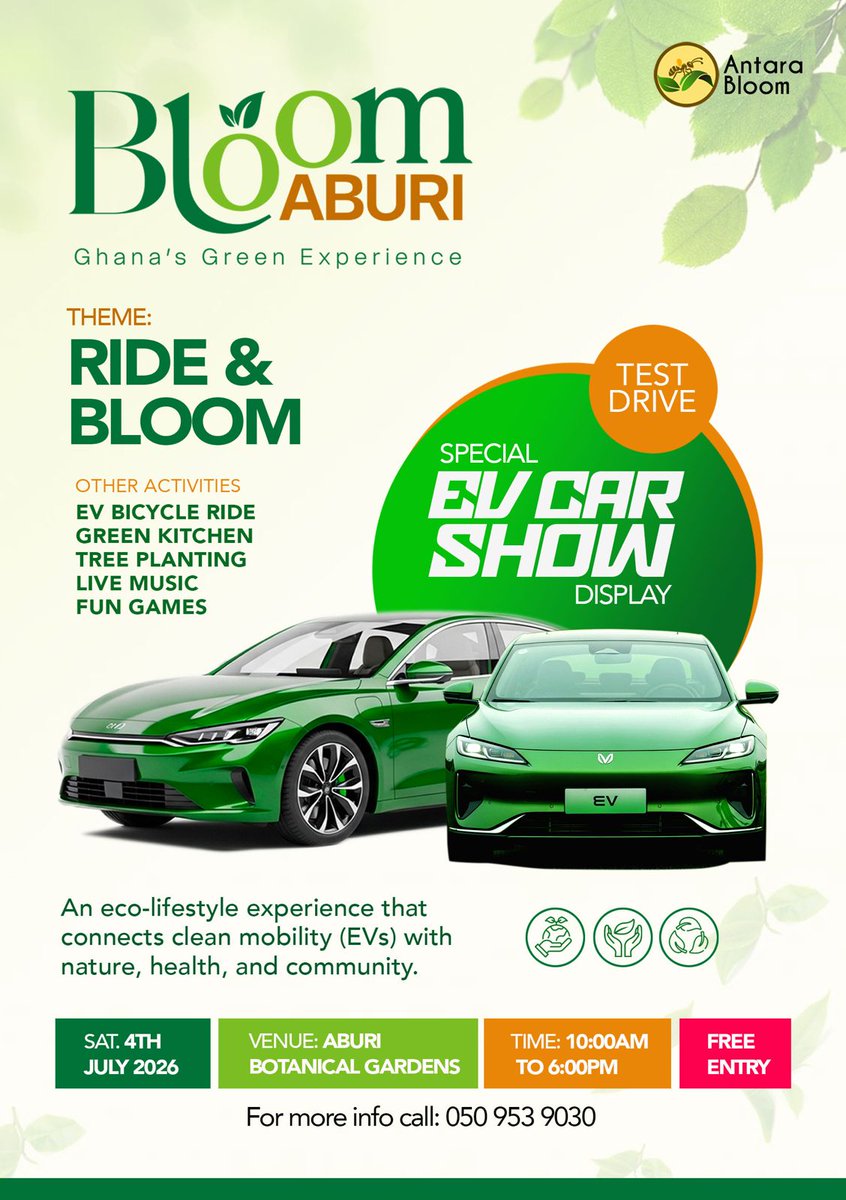 AntaraBloom's tweet photo. Life's good, and so the need to conserve it. For the first time in Aburi, The BLOOM ABURI!
Bringing to you the first finest green experience in the Hills of Akuapem Aburi. 
Date: 4th July, 2026
Venue: Aburi Botanical Gardens. 
Rate: IT'S FREEEEEE

SEE YOU SOON🔥🤏🏽

#RideandBloom https://t.co/JRKvAm9lyl