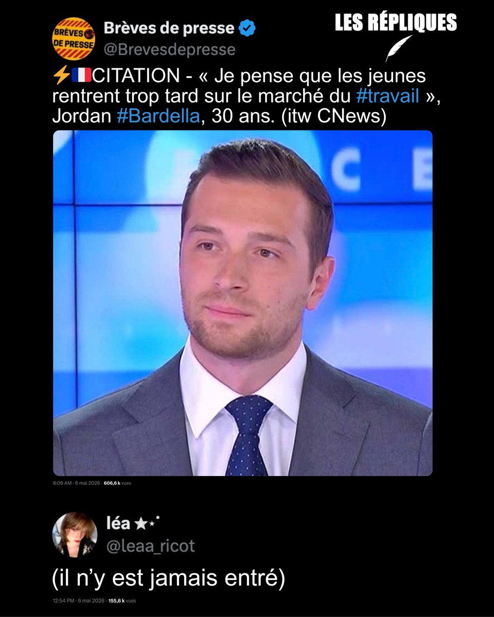 "Il n'y a pas assez de gens qui, en quantité, travaillent" : sur le plateau de "La France en face" sur <a href="/CNEWS/">CNEWS</a> le président du RN <a href="/J_Bardella/">Jordan Bardella</a> a estimé que "les jeunes rentrent trop tard sur le marché du travail"

<a href="/leaa_ricot/">léa ✮⋆˙</a>