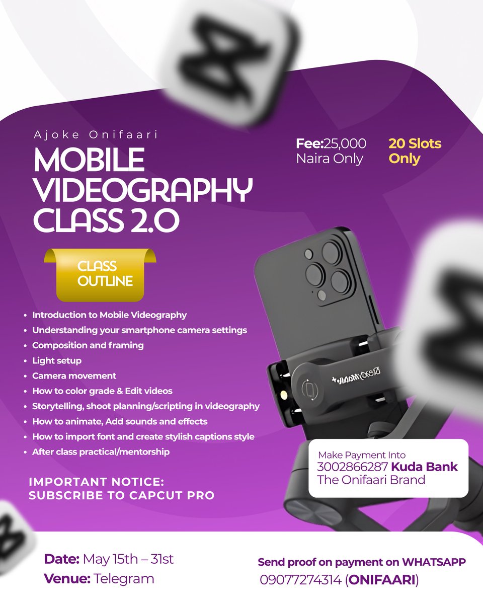 AjokeOnifaari's tweet photo. Hello lola, I am a mobile videographer and i also teach people how to create with their mobile phones. Frame 2 is my instagram page where i document my work. My class on mobile videography starts next week and it comes with after class mentorship 

You can check my work on instagram https://t.co/jumLopW2mY